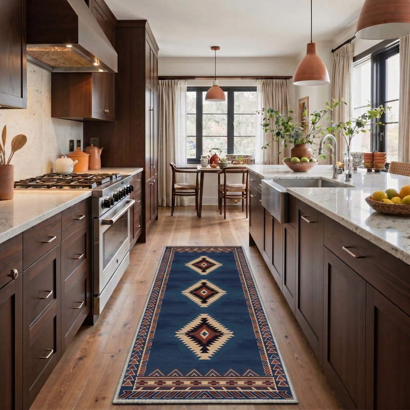 Abrahamson Vega Geometric Machine Washable Blue / Brown Indoor Area Rug with Non-Slip Backing, Runner 2'6" x 8'