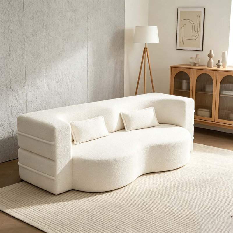 Modern Floor Sofa with 2 Pillows, Teddy, Beige/White