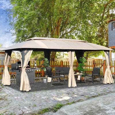 Gazebo 10x20ft - Heavy Duty Metal Frame, Ventilated Double Roof, Privacy Curtains, , Brown Gazebo, Brown. Outdoor Tent With Roof. Frame. . Spacious For 13-15. Vibration
