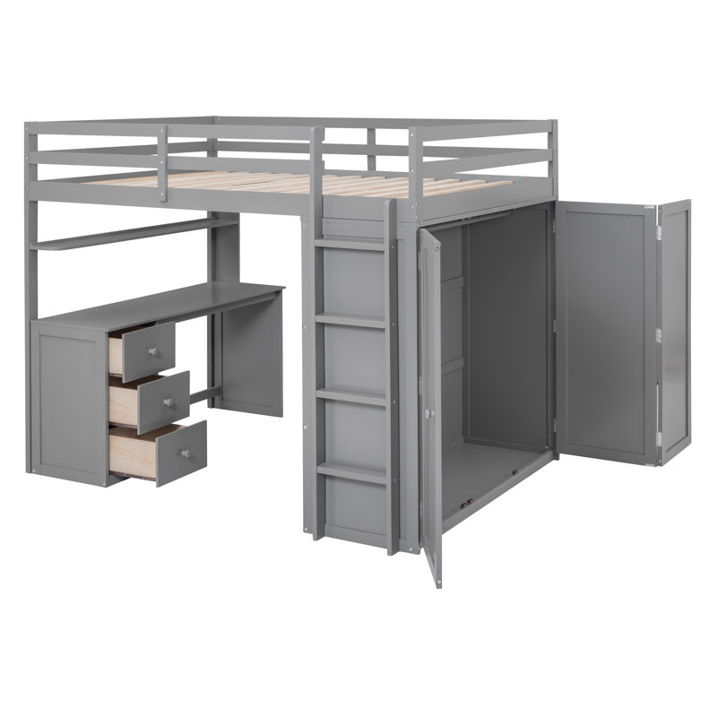 Lit mezzanine double avec tiroirs, bureau et garde-robe blanc, Gris, Lit double