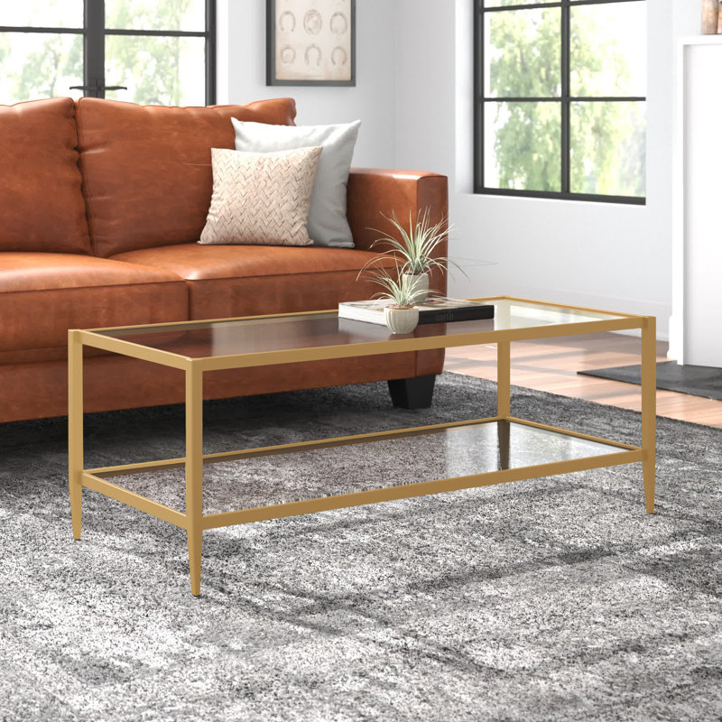 Hera Glass Top Coffee Table, Antique Brass, 17" H x 24" W x 54" L