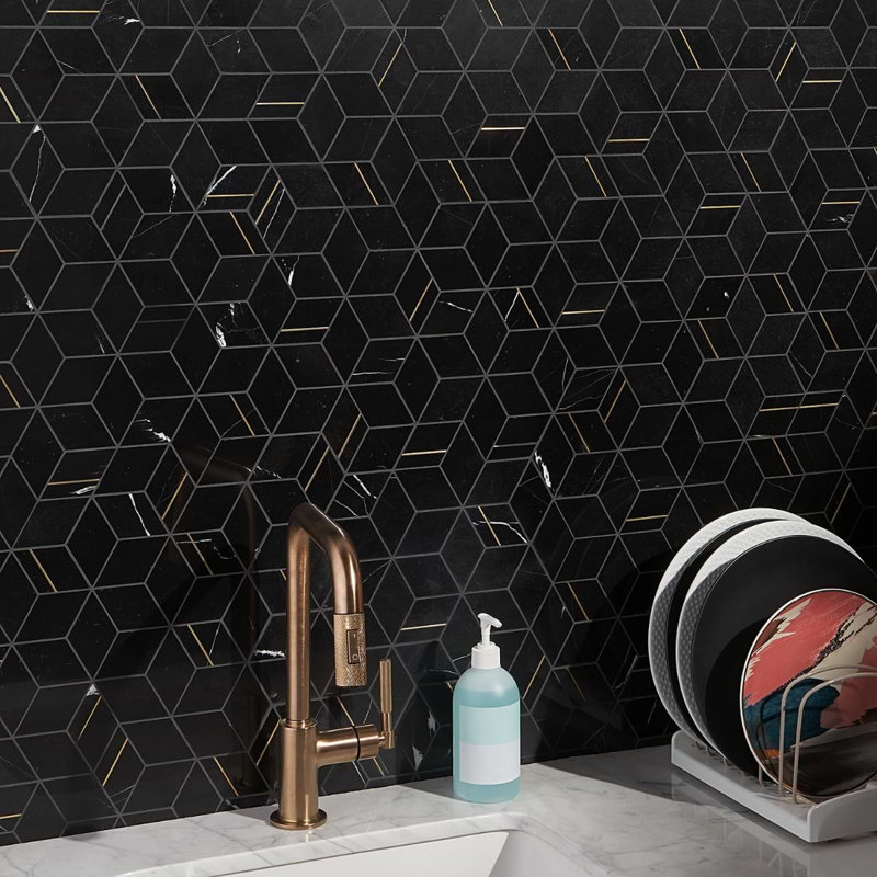 Morgana Polished Marble And Brass Mosaic, Nero