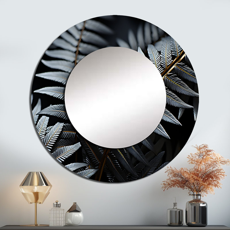Fougère monochromatique Sabali - décor de miroir mural unique de plantes, grand miroir rond traditionnel, impression d'art en métal