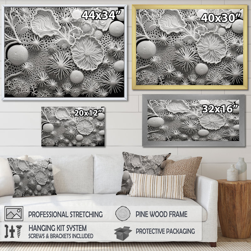 Gris abstrait coraux IV sur toile, Cadre simple blanc, H 12 po x l 20 po x P 1 po