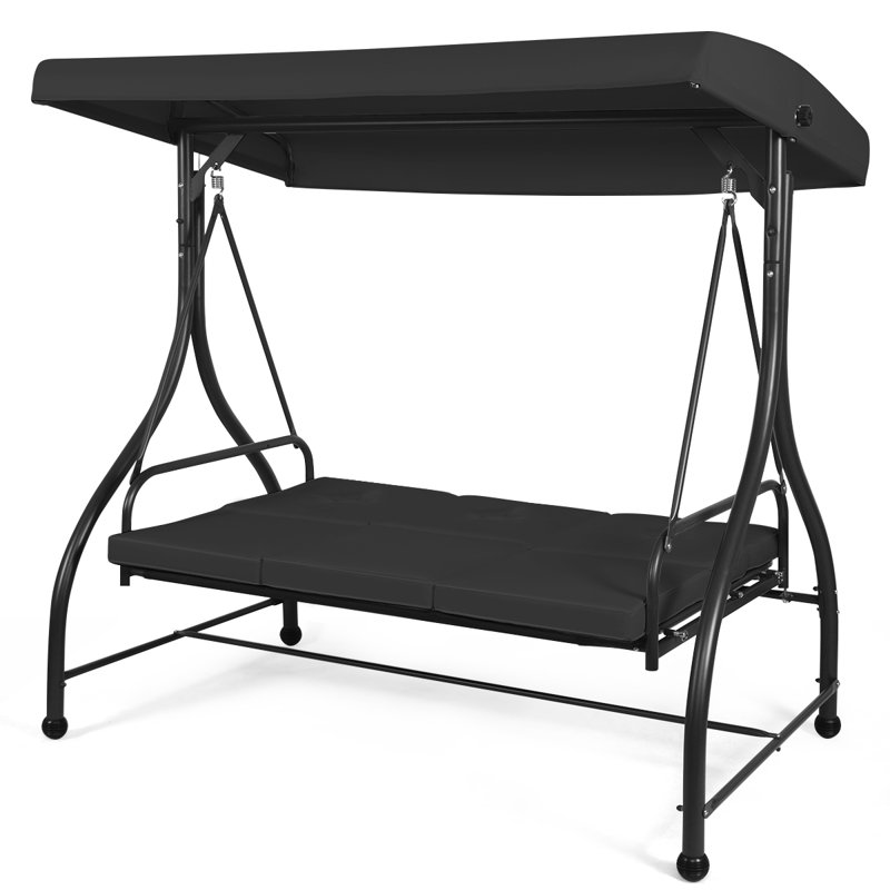 Black Adjustable Steel Frame 3-Seat Outdoor Swing with Canopy