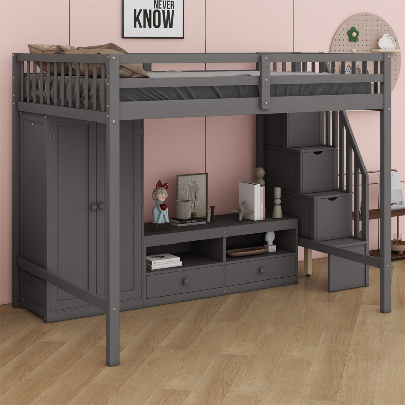 Structure de lit mezzanine pleine grandeur avec garde-robe, table de rangement basse et escalier de rangement Kaim, gris
