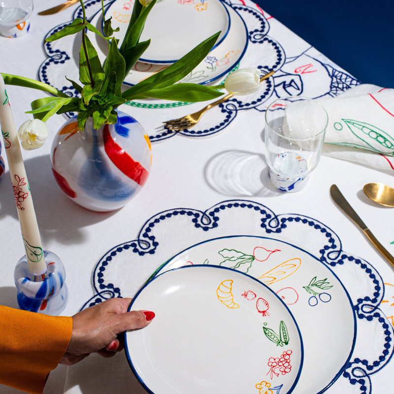 Fete Embroidered Linen Placemats, Blue/Green