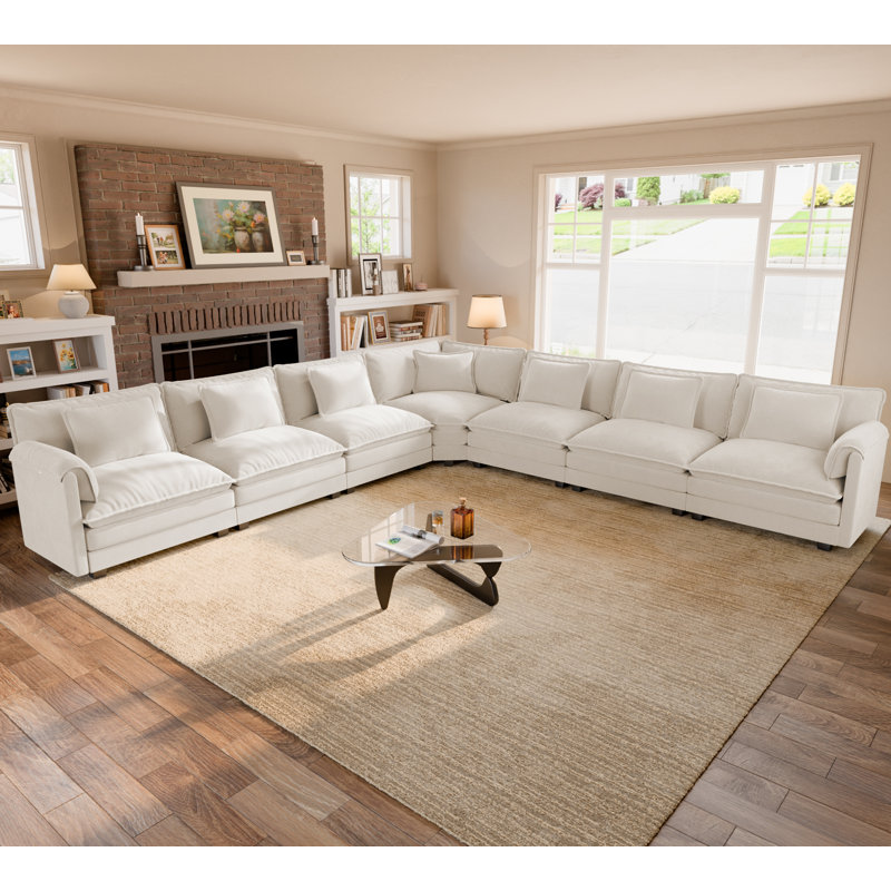 Canapé modulaire en L rembourré en forme de L avec tissu de chenille, Chenille beige, H 36,2 po x l 150 po x P 150 po