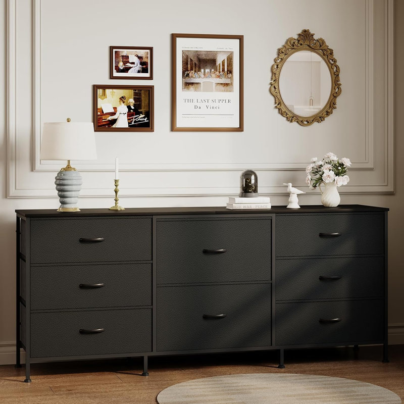 62 inch Black 8 Drawer Fabric Dresser TV Stand with Wooden Top Metal Frame Storage Chest Wide Closet Organizer, Black