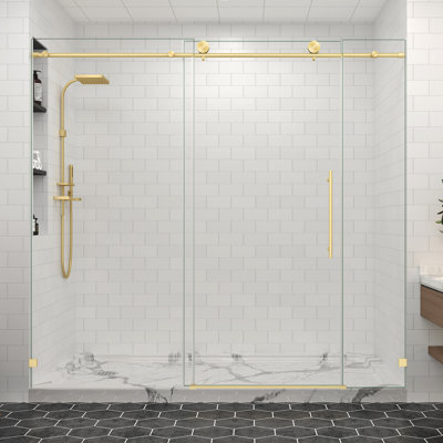 67"-72" W X 76" H Frameless Sliding Shower Door In Brushed Gold With 5/16" Clear Tempered Glass, 3 Glass Panel