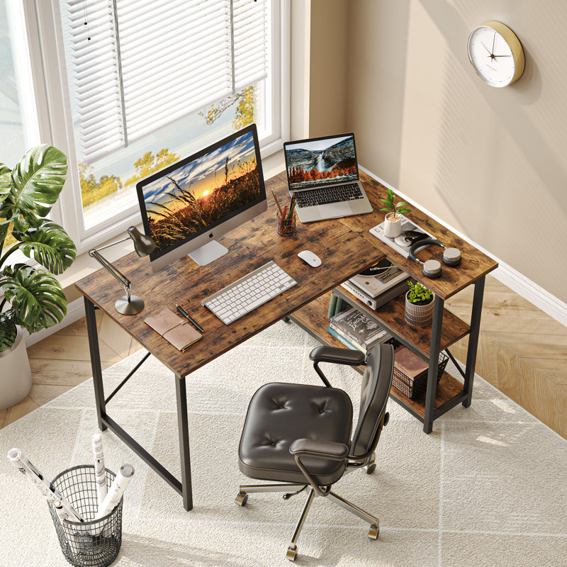 Bureau d'ordinateur en L Walbrook, bureau de travail réversible avec tablettes réglables Walbrook, Brun rustique