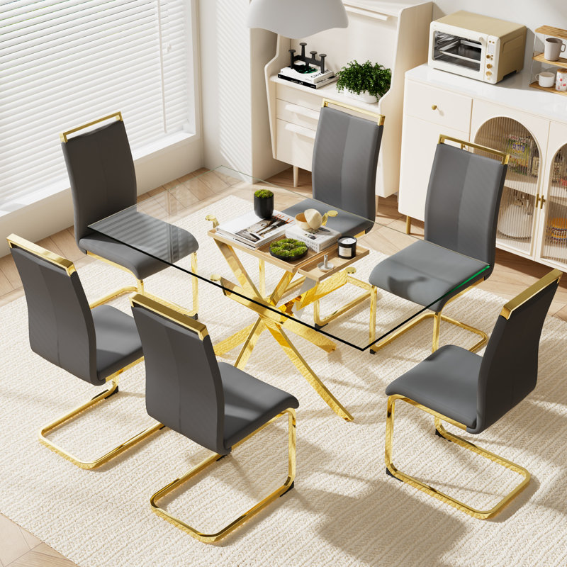 7 PCS,63" Rectangular Tempered Glass Table with 6 PU Leathe Upholstered Chairs, Dark Gray/Gold, Gold