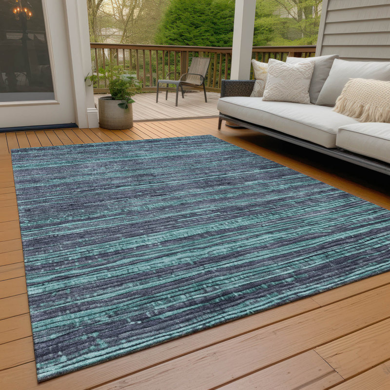 Tapis bleu sarcelle lavable à la machine intérieur / extérieur Xhevrie, Rectangle 10 pi x 14 pi
