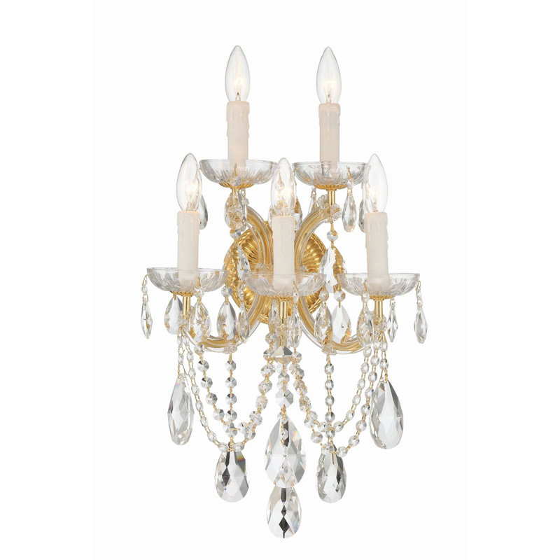 Bohemian 5 Light Crystal Candle Wall Sconce, Gold, Majestic Wood Polished
