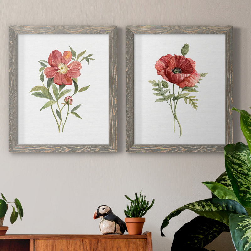 Pivoine écarlate - ensemble de 2 reproductions d'art, H 20 po x l 17 po x P 1 po, Toile avec cadre gris, Pas de tapis