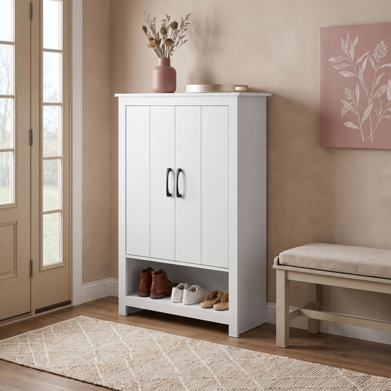  Limestone 2 Door Shoe Cabinet with Open Shelves, White