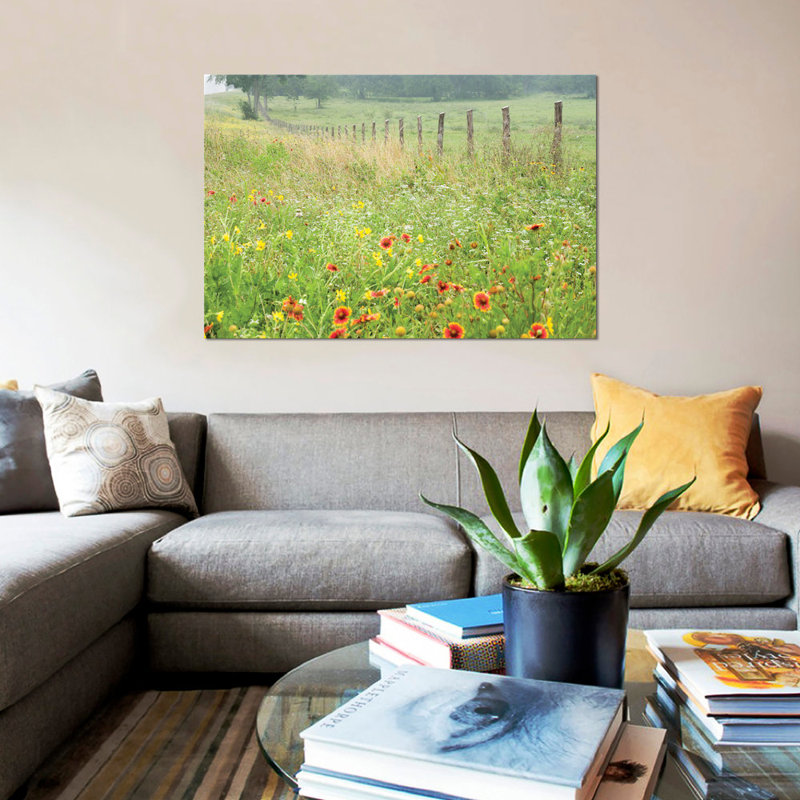 " Flowers Along A Fence " by Karin Connolly, Black Framed Canvas, No Mat, 18" H x 26" W x 1.5" D