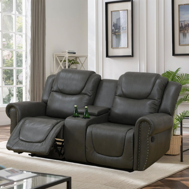 Causeuse de salon inclinable 78 po en cuir végétalien de qualité supérieure avec console centrale et porte-gobelets, Gris