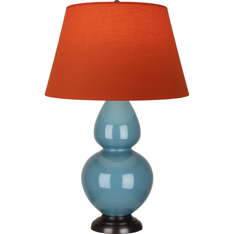 Lampe de table double gourde en céramique, Bleu acier émaillé / bronze, Tangerine / doublure taupe, Bronze