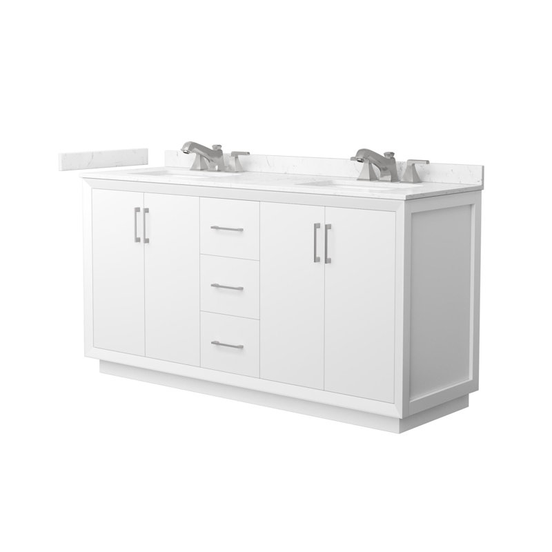 Strada 66" Freestanding Double Bathroom Vanity with Cultured Marble Top, White, Brushed Nickel