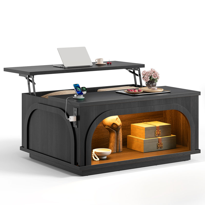 Table basse à plateau relevable avec rangement et lumières DEL 3 couleurs