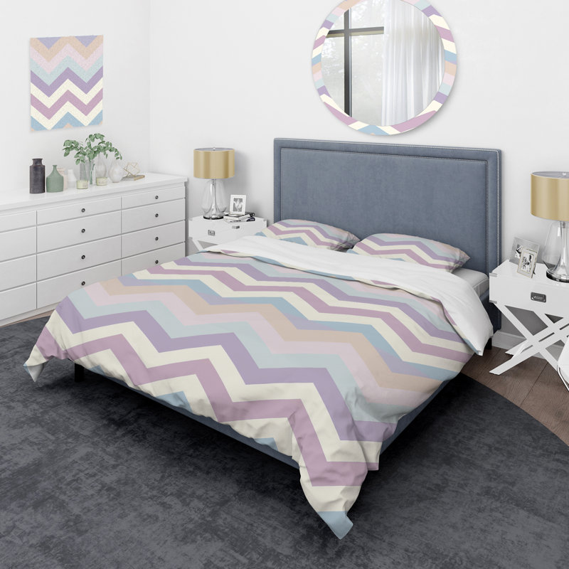 Ensemble de housse de couette à chevrons mauve et beige, Housse de couette très grand + 2 taies décorativ