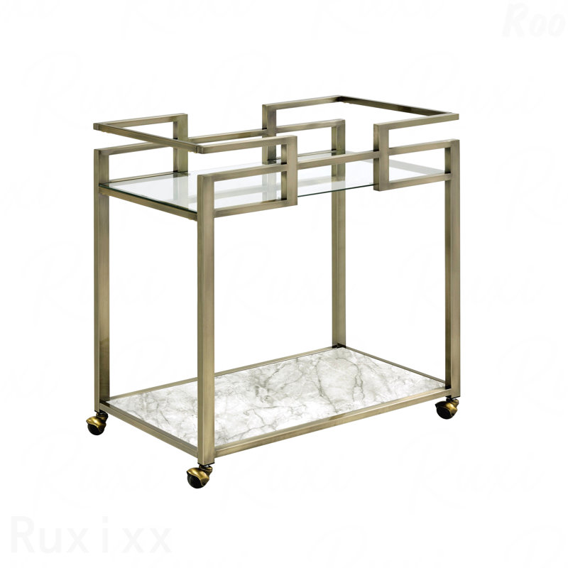 Chariot de service en verre transparent, plateau en faux marbre et laiton