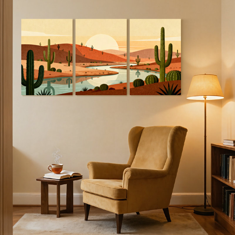 «Landscape & Nature Desert Landscape with Cacti and River Reflection», ensemble de 3 impressions d'art sur toile