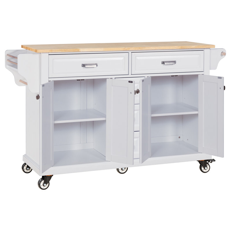 Kitchen Island With Rubber Wood Countertop, Kitchen Cart On 5 Wheels With Storage Cabinet And 5 Drawers, White
