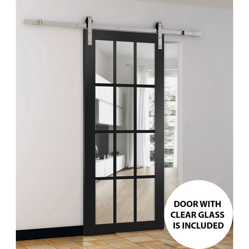 Porte de grange robuste Felicia 3355 Noir mat avec vitrage transparent, rail de 2 m, quincaillerie renforcée, panneaux intérieurs pleins - 107 cm x 244 cm - Rail argenté