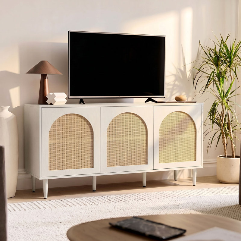 Castyn 56" W Rattan Door Sideboard with Adjustable Shelves, White