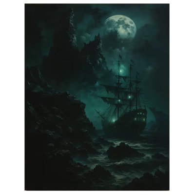 1pc Gothic Pirate Ship Wall Art Poster - Solid Wood Framed Mural Decor with Dark Night Ocean Scene, Full Moon & Vintage Nautical Painting.
