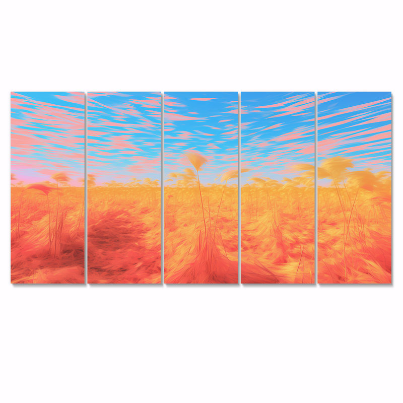 Coucher de soleil sur les champs de foin - prairies, art mural 5 pièces, H 32 po x l 80 po