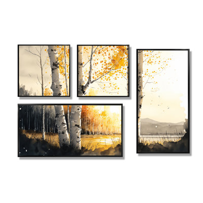 Bouleaux pendant l'heure dorée au bord du lac III - Art mural sur toile, paysages forestiers, 4 pièces