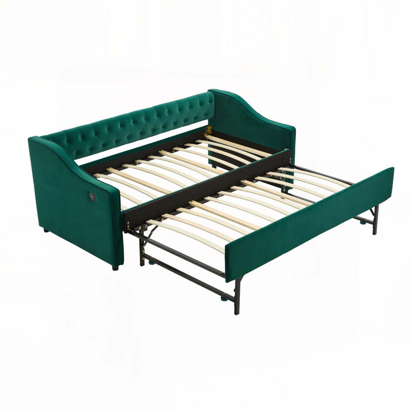 Velvet Upholstery Daybed with Trundle,USB Port ,Side Pockets, Emerald