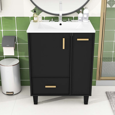 Modern Bathroom Vanity with Ceramic Sink, Storage Drawer, Cabinet and Pull-Out Basket