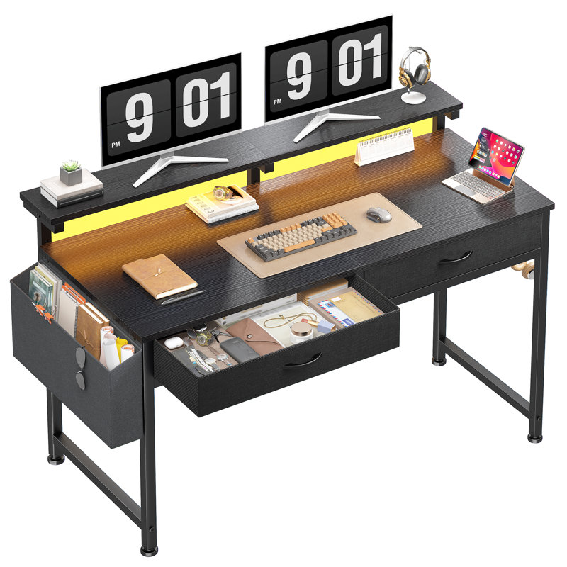 Small Computer Desk With 2 Drawers & LED Lights,Home Office Desks With Side Pocket And Monitor Stand, Brown