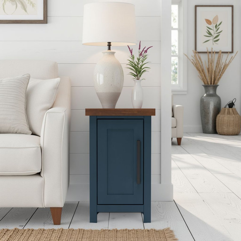 Brixham 14 inch Chairside Table, No Assembly Required, Two-Tone Finish, Dark Brown Wood Top/Blue Base