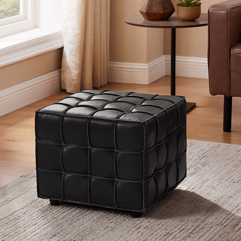 Laryn Genuine Leather Square Pouf Ottoman, Black