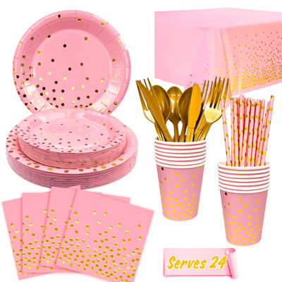 Ensemble de vaisselle jetable rose et or pour fête, 24 pièces, 24 pièces