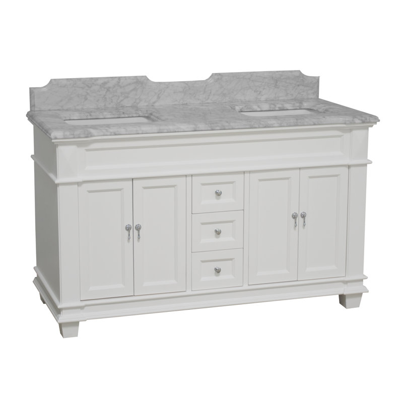 Ensemble de meuble-lavabo double 60 po Ensa, Blanc, Marbre de Carrare