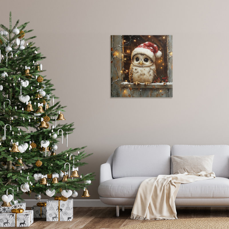 Chouette festive avec toile des lumières des Fêtes, design par Riley B, H 30 po x l 30 po