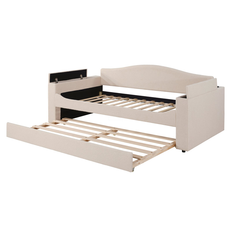 Upholstered Daybed With Storage Armrests, Trundle And Latest Integrated Bluetooth Audio System, Teddy Fleece, Beige, Twin
