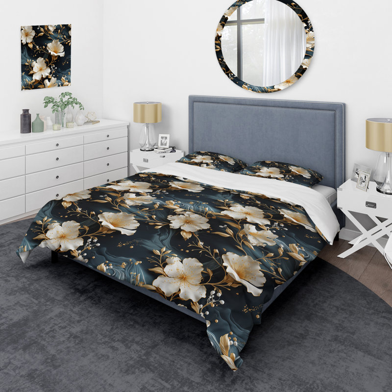 Literie en marbre doré à motif floral blanc, Housse de couette pour grand lit et 2 taies décor