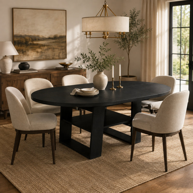Table de salle à manger extensible ronde à ovale de 43,3 à 59 po avec rallonge papillon, base en forme de H et tablette de rangement Vonnie