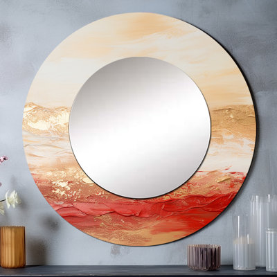 Or et rouge Soft Wave Fusion I - miroir mural décoratif formes abstraites, miroir rond moderne, impression d'art en métal