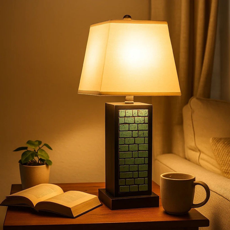 Lampe de table rectangulaire en métal avec motif de brique, blanc et bleu, Bleu