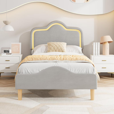 Twin Size Bed Frame with Adjustable LED Headboard and Footboard Velvet Upholstered Princess Platform Bedframe for Kids Girls Wooden Slats Support No Box Spring Needed Gray
