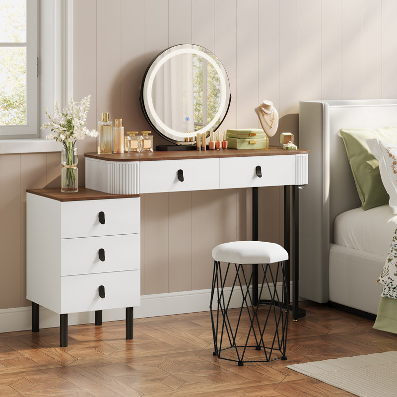 Nitza Dressing Table with Mirror, White/Brown
