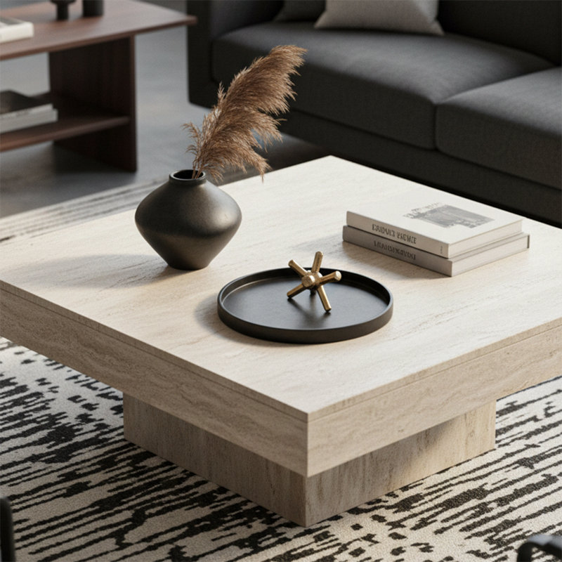 28.3'' Faux Travertine Square Coffee Table, Modern Minimalist Pedestal Centerpiece for Living Room